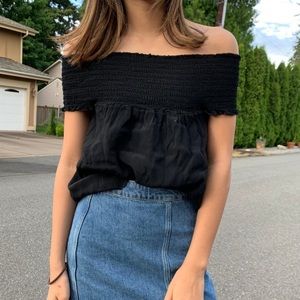 Brandy Melville Black Smocked Off the Shoulder Top